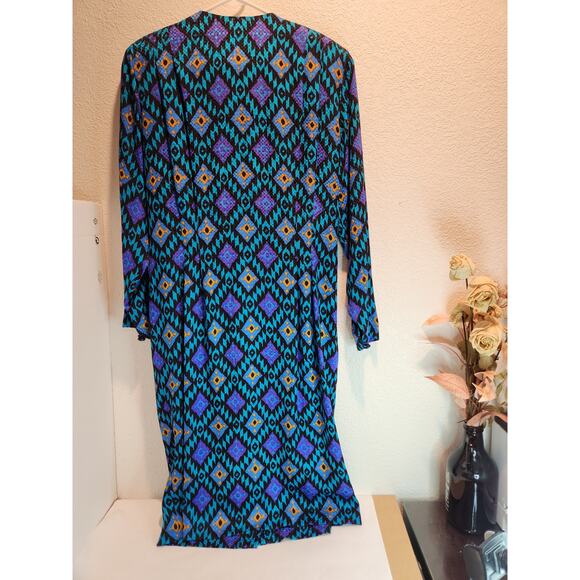 Adrianna Papell 80s Vintage 100%‎ Silk Dress Size 10 Bold Geometric Print Retro - Picture 3 of 6
